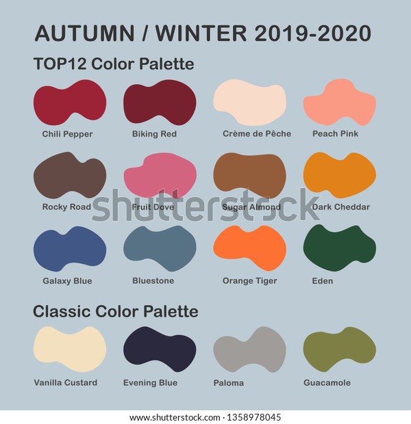 19年秋 年冬のトレンディカラーパレット ファッションの色の傾向 名前の付いた色見本を含むパレット ガイド 彩度の高い 従来の中間色のサンプルセット ベクターイラスト のベクター画像素材 ロイヤリティフリー