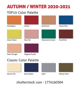 Autumn / Winter 2020-2021 Trendy Color Palette. Fashion Color Trend. Palette Guide With Named Color Swatches. Saturated And Classic Neutral Color Samples Set. Vector Illustration