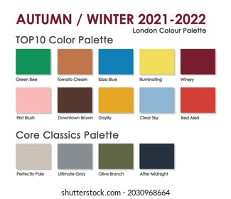 Autumn | Winter 2021 2022 trendy color palette. Fashion color trend. Palette guide with named color swatches. Saturated and core classic color samples set. Vector Illustration