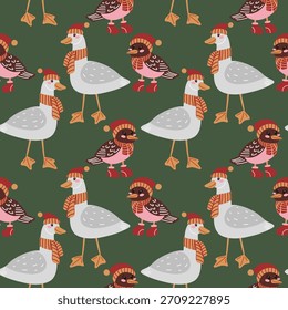 Ilustración de patrón transparente de aves de otoño e invierno con patos y pájaros Pequeños con sombreros y bufandas cálidos, perfecto para productos infantiles, diseños textiles y decoraciones de temporada acogedoras