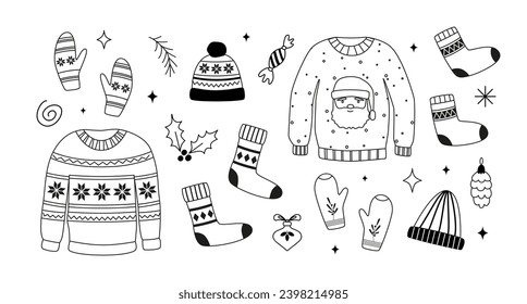 Ropa de otoño e invierno y artículos esenciales - clipart lineal. Apariencia - Pullover, calcetines, mitones, sombrero. Dibujar, dibujar, dibujar. Navidad. Libro de colorear.