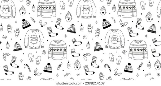 Autumn and winter clothing seamless pattern. Sweater, hat, mittens, socks. Christmas and New Year doodles. Hand-drawn line art. Outline winter apparel. Background, banner, digital paper. Coloring book