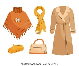 Autumn winter clothing set – coat, scarf, beret, gloves and bag vector elements. Fall season accessory. Isolated on white background.