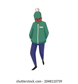 An autumn or winter cold stormy weather. Young man in warm clothing walk the rain and gusting wind. Flat cartoon vector illustration isolated on a white background