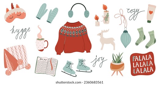 Autumn and Winter comfortable lifestyle and holidays objects. Set of hygge elements. Cozy home, Winter activities. Hand drawn flat style vector illustration.
