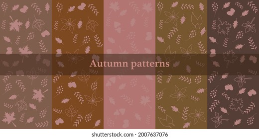 Autumn and winter concept patter collection. Autumn leaves and acorns and berries decoration on dark brown colors background. Autumn patter vector illustration.