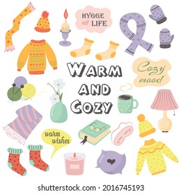 Autumn or winter cozy cute things and objects. Warm and cozy. Cozy and comfortable lifestyle. Flat style hand drawn elements.