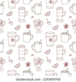 Autumn and winter cozy drinks seamless pattern vector illustration, hand drawing doodles