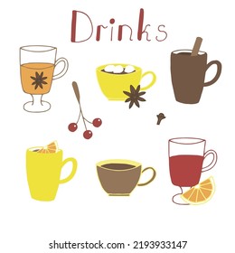Autumn and winter cozy drinks set vector illustration, hand drawing 