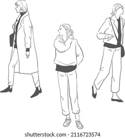 Autumn and winter fashion, vector line drawing of a stylish woman.