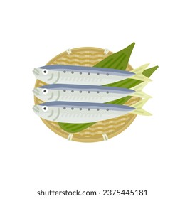 Autumn and winter fish: Sardines placed in a colander lined with bamboo leaves