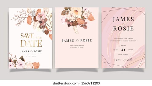 Autumn And Winter Flower Wedding Invitation Set, Floral Invite Thank You, Rsvp Modern Card Design In Pink Brown  Floral With Leaf Greenery  Branches Decorative Vector Elegant Rustic Template