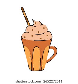 Autumn and winter hot chocolate. Stylized cup with hot chocolate