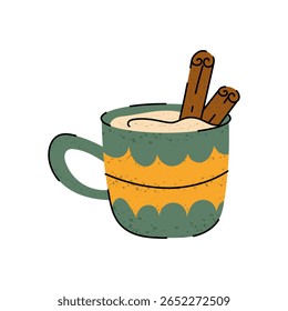 Bebida quente de outono e inverno. Xícara estilizada com café e canela