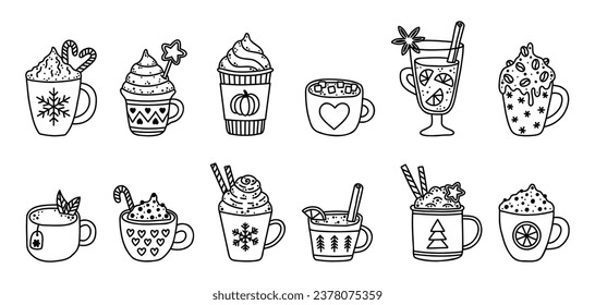 Autumn and winter hot drinks coloring doodle. Cozy cup with coffee, pumpkin spice latte, hot chocolate with marshmallow, cacao with whipped cream, mint tea, mulled wine, cinnamon vanilla latte. Sketch