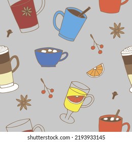 Autumn and winter hot drinks seamless pattern vector illustration, hand drawing 