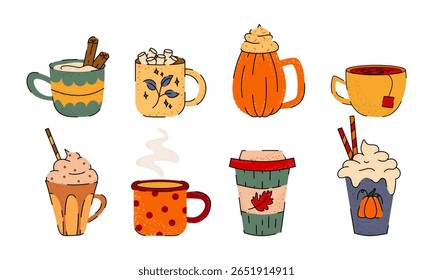 Autumn and winter hot drinks set. Stylized autumn cups with hot chocolate, cacao, coffee, tea