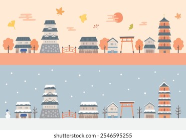 Autumn and winter Japanese style buildings hand drawn illustration set