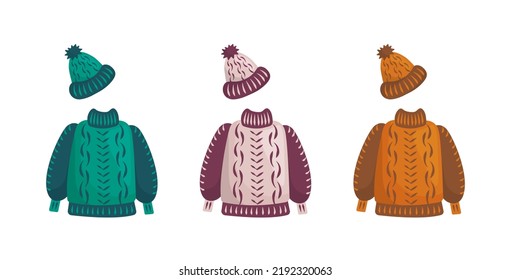 Ropa de punto de otoño e invierno. Saltador de crochet o de costura y sombrero de diferentes colores.