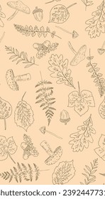 autumn winter leaves mushroom acorns hand sketch seamless pattern all over print vector graphic artwork