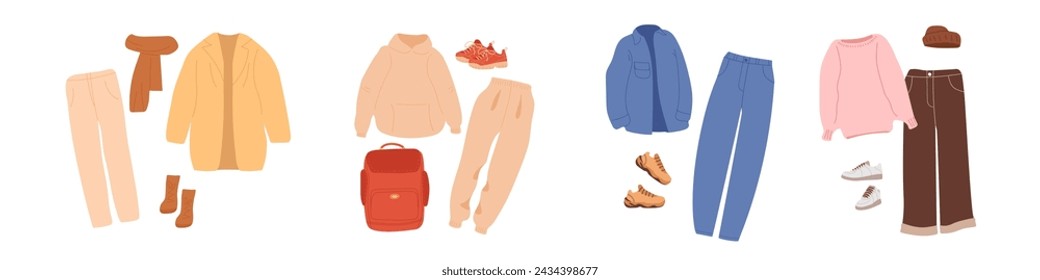 Conjuntos de outfit de otoño o invierno. Conjuntos de ropa casual para un clima fresco en estilo urbano moderno. Ropa de moda para el hogar, caminar y relajarse. Ilustración vectorial plana aislada sobre fondo blanco.