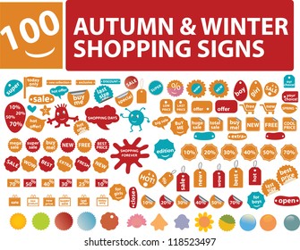 autumn & winter sales, shop labels, tags, signs, icons set, vector