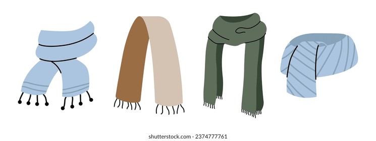 Autumn or winter scarf set. Flat vector warm cozy clothes in simple colored doodle style. Wool, knitted neckerchief sticker, icon or print. Isolated on white background.