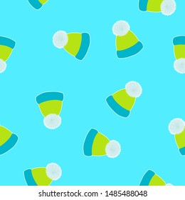 Autumn and winter seamless pattern with blue and green hats on light blue background. Print for children.Template design for invitation, poster, card, flyer, banner