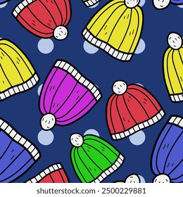 Autumn and winter seamless vector pattern with colorful hats. Simple doodle style