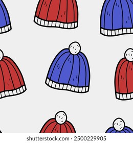 Autumn and winter seamless vector pattern with colorful hats. Simple doodle style