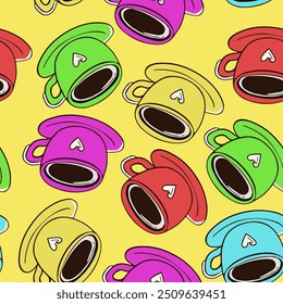 Autumn and winter seamless vector pattern with colorful cup of coffee or tea. Simple doodle style
