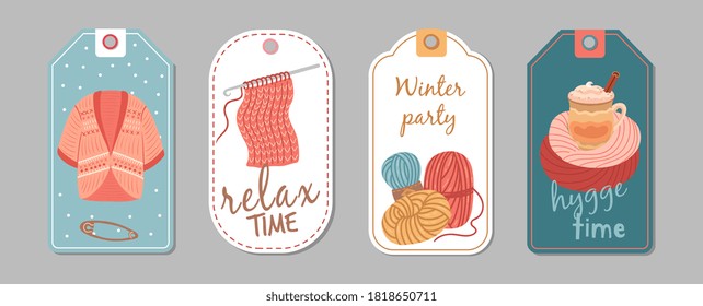 Autumn winter season labels. Knitting hobby, hygge time banners. Wool cardigan, latte or cacao cup vector stickers template