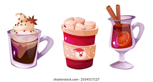 Autumn or winter seasonal hot drinks in glass and mug - hot chocolate topped with whipped cream and sprinkles, and spiced mulled wine with citrus slices and cinnamon sticks, warm coca with marshmallow