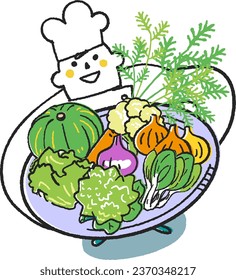 Autumn winter sowing vegetables A cook or cook holding lots of autumn winter vegetables and looking up at you Illustration material
