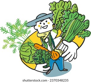 Autumn winter sowing vegetables A farmer or home gardener holding lots of autumn winter vegetables and looking up at me Illustration material
