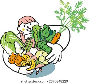 Autumn winter sowing vegetables A woman or housewife in an apron holding lots of autumn winter vegetables and looking up at me Illustration material
