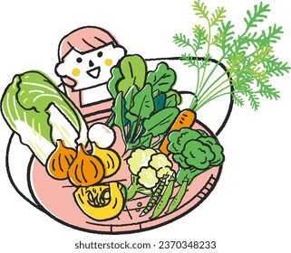 Autumn winter sowing vegetables A woman or housewife in an apron holding lots of autumn winter vegetables and looking up at me Illustration material
