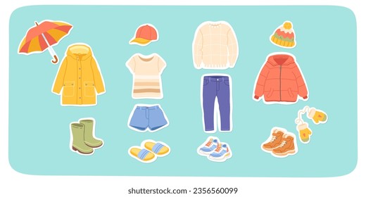 Autumn, winter, spring, summer kids clothes set. Casual jackets, jeans, t-shirt, shoes, sweater, shorts, cap, hat clothing apparel stickers. Season garment, trendy fashion flat vector illustration