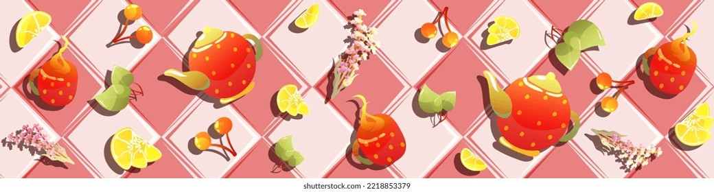 Autumn And Winter Tea Pattern Border Design. Cute And Cozy Vector Banner. Illustration Of Cups, Teapots, Flowers, Lemon, Berries, Leaves