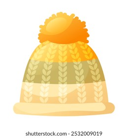 Autumn winter yellow green hat with pompom isolated on white background. Modern wool knitted headwear. Fashionable cap, warm clothing for cold weather. Clothes icon, vector illustration.