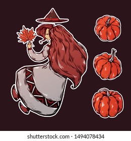 The Autumn Witch Girl with a Pumpkins, Wizard hat, and Maple Leaf. Fall style illustration. Halloween costume.  