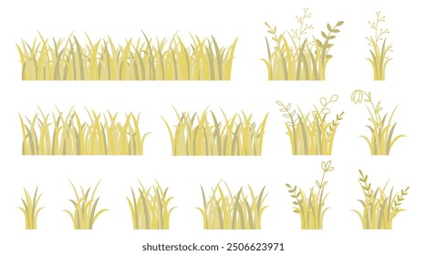 Otoño hierba marchita con flores silvestres y hierbas establecidas. Césped amarillo de la caída, borde de la hierba. Césped seco con hierbas amarillentas y flores silvestres, Vector gráfico