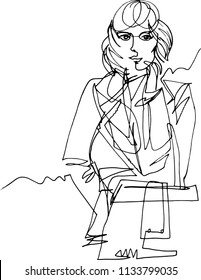 Autumn, woman in coat with bag, fashion illustration, minimalist style with one continuous line,  hand at face, second hand inpocket, wind develops a hair, a calm confident look, global march