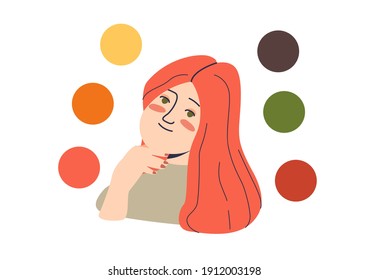 Autumn woman color type: female with palette of best colours for seasonal color analysis. Cartoon girl with red hair and warm colors on white background. Flat vector illustration