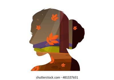 Autumn. Woman face silhouette. Vector, eps10. Double expose illustration. Beautiful woman face profile with autumn nature landscape inside.