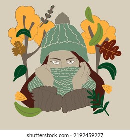 Autumn woman, fallen leaves. Vector graphic