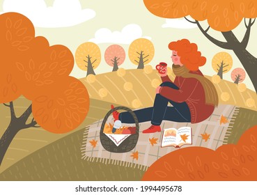 Autumn. Woman reads book and drinks tea, or coffee  outdoors. Fall picnic. Girl sitting on plaid on field or in the park. Rural landscape.