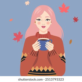 Autumn. Woman reads book and drinks tea, or coffee outdoors. Fall picnic. Girl sitting on plaid on field or in the park. Rural landscape. Cozy autumn.