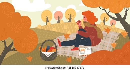 Autumn. Woman reads book and drinks tea, or coffee  outdoors. Fall picnic. Girl sitting on plaid on field or in the park. Rural landscape.