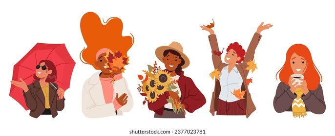 Autumn Women Embrace The Season With Leaves In Their Hearts And Cozy Layers On Their Bodies. Characters Radiate Colors Of Fall, Embodying Its Beauty And Tranquility. Cartoon People Vector Illustration